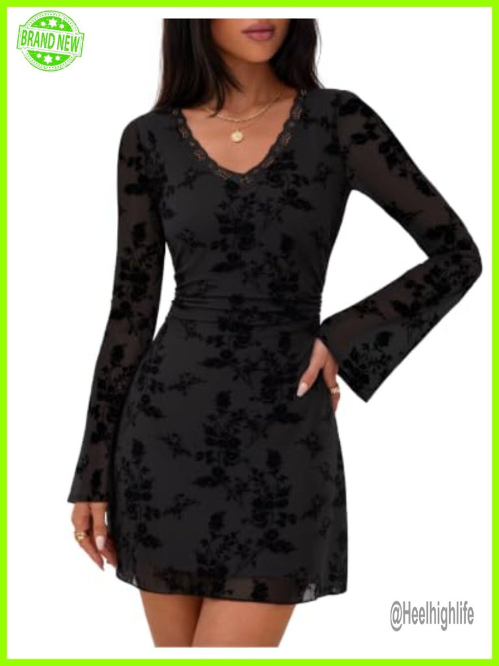 Women's Floral Mesh Long Sleeve Ruched Mini Dress Lace V-Neck Cocktail